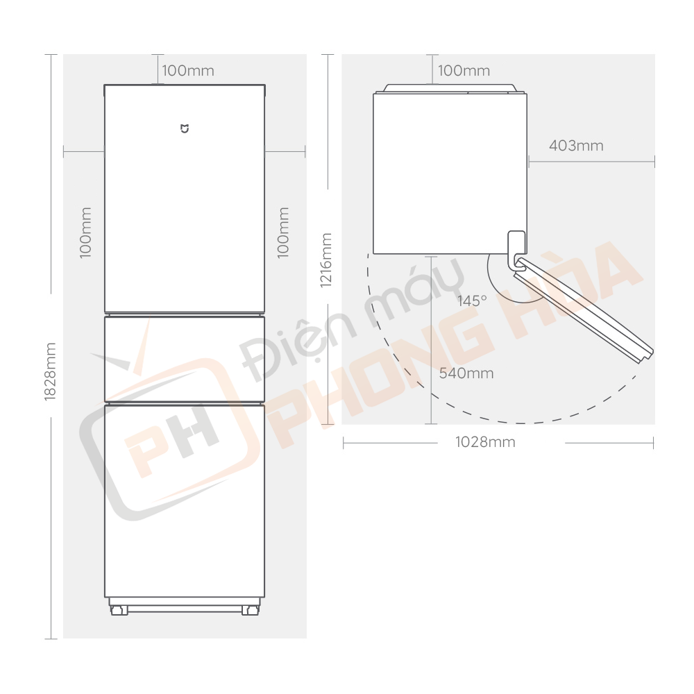 Kích thước lắp đặt của tủ lạnh Xiaomi Mijia 216L