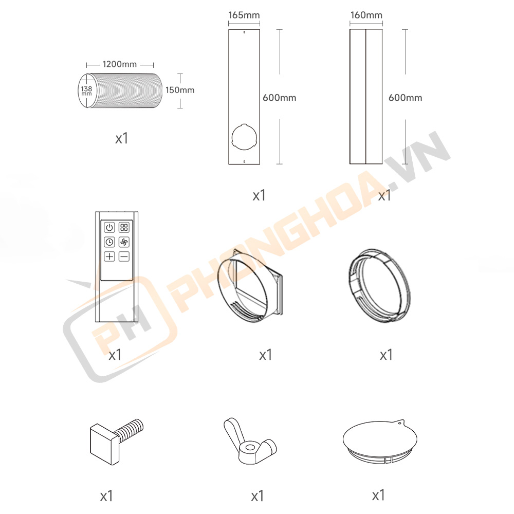 Kích thước và phụ kiện đi kèm của điều hòa di động Xiaomi New Widetech Pro