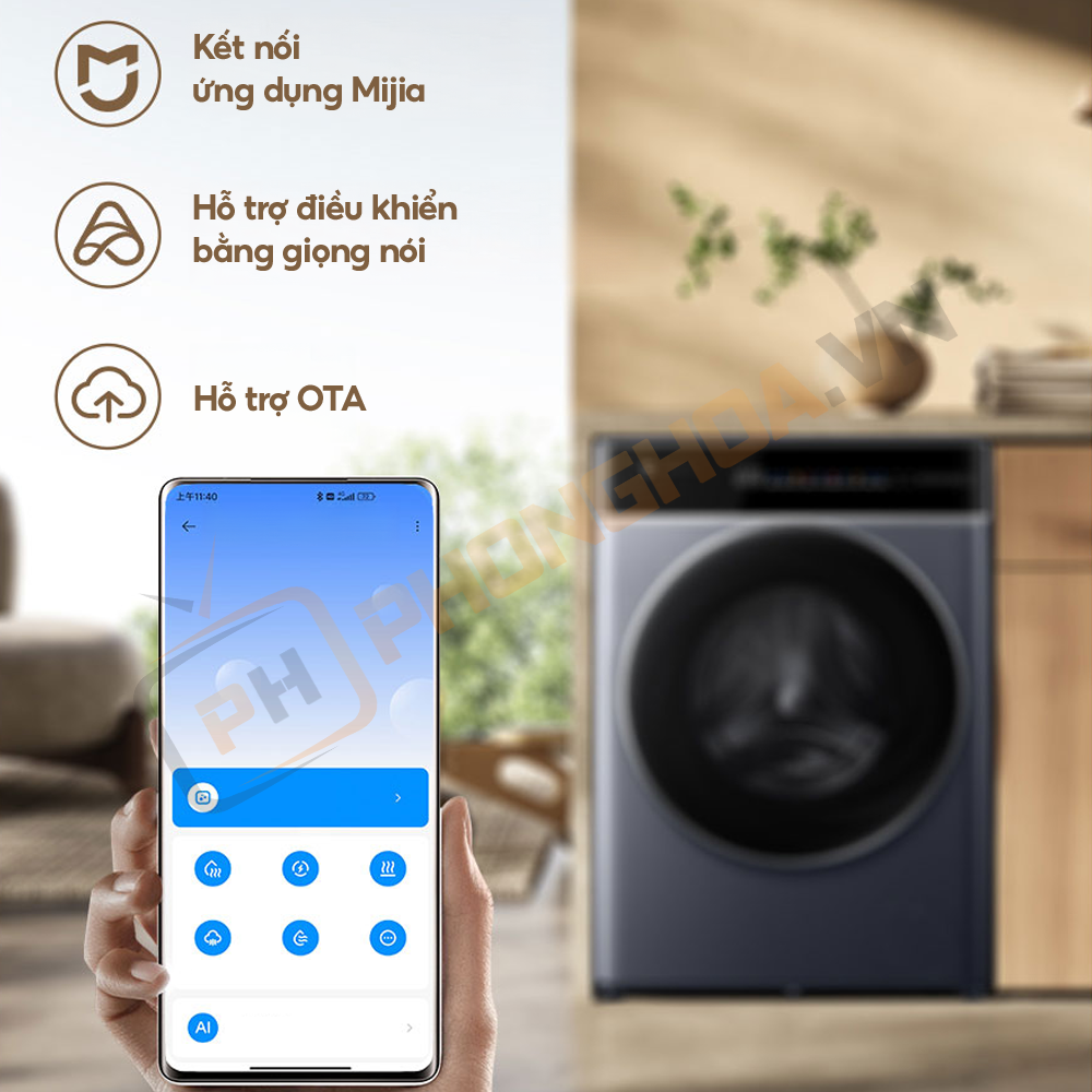 Cho phép điều khiển từ xa, cài đặt chế độ giặt qua ứng dụng điện thoại