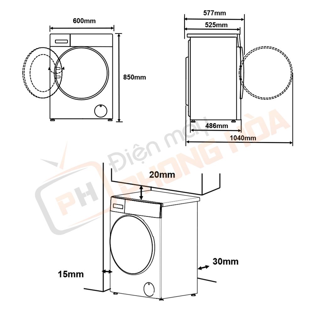 Kích thước của Máy giặt Xiaomi Mijia MJ303 - Giặt 10kg