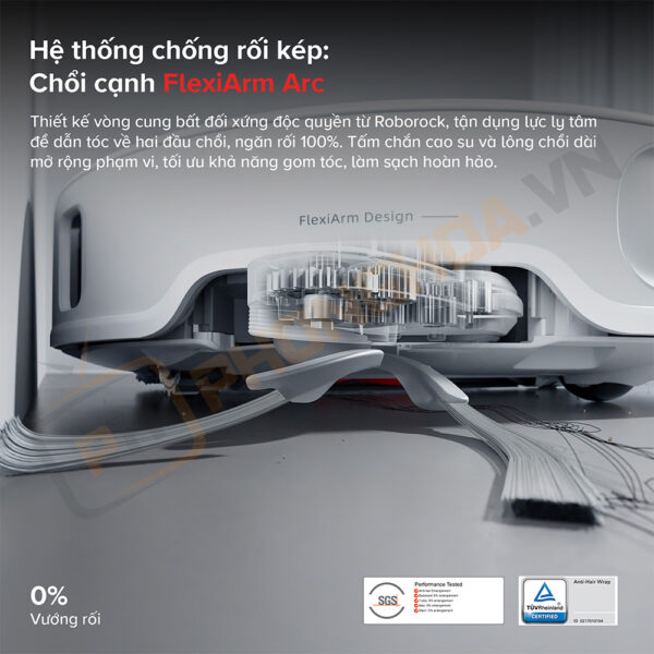 Chổi cạnh FlexiArm Arc với thiết kế vòng cung xoắn bất đối xứng, gom bụi và ngăn tóc rối hiệu quả