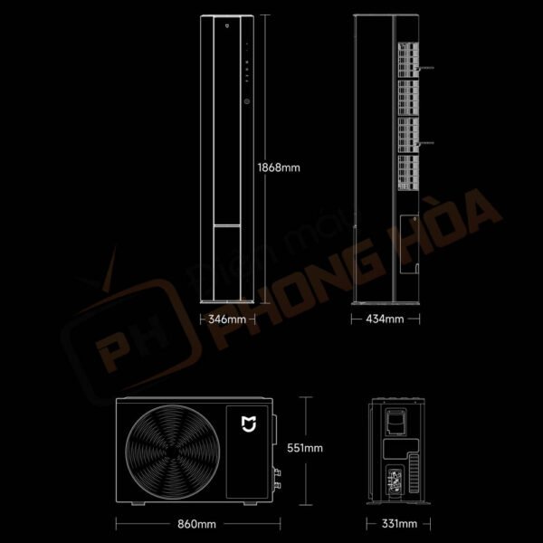 Kích thước điều hòa cây Xiaomi N1A1 2HP