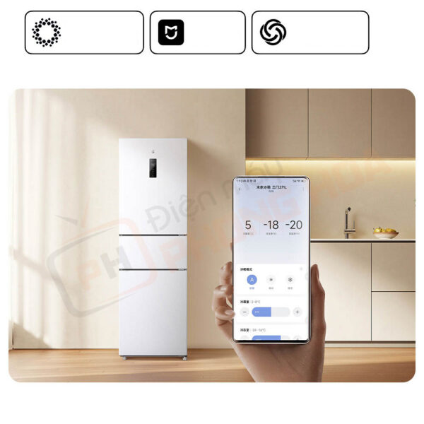 Tủ lạnh 3 cánh Xiaomi Mijia 271L hỗ trợ kết nối thông minh qua ứng dụng Mi Home, cho phép bạn kiểm soát và điều chỉnh nhiệt độ từ xa một cách dễ dàng ngay trên điện thoại.