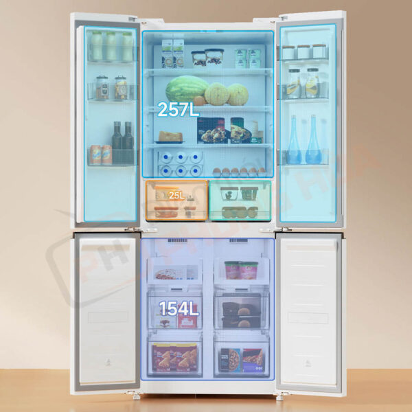 Tủ lạnh 4 cánh Xiaomi Mijia 436L có các khu vực bảo quản riêng tùy theo loại thực phẩm.