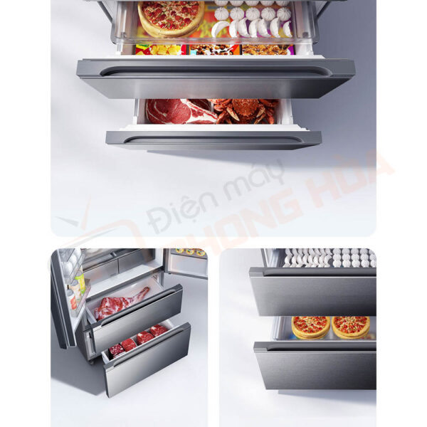 Bố cục kiểu Pháp với 2 ngăn độc lập, ngăn trên rộng tới 65cm – Dễ dàng trữ thực phẩm cỡ lớn
