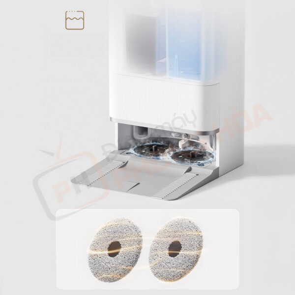 Dock sạc giặt giẻ bằng nước nóng 80°C, chà xoay sạch vết bẩn cứng đầu.