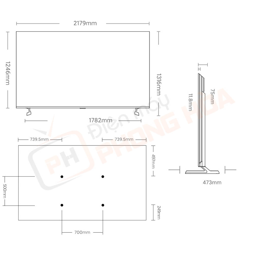 tivi xiaomi s98 mini led 2025 23 Kích thước của Tivi Xiaomi S98 Mini LED 2025
