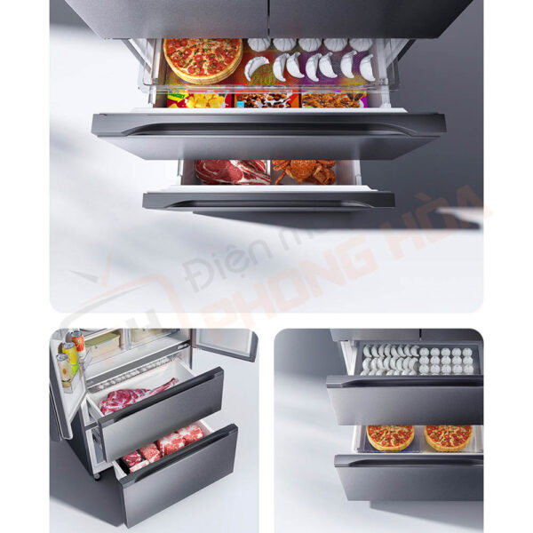 Ngăn đông hai tầng mở trực tiếp, rộng 65cm, dễ dàng cất giữ và lấy thực phẩm cỡ lớn.