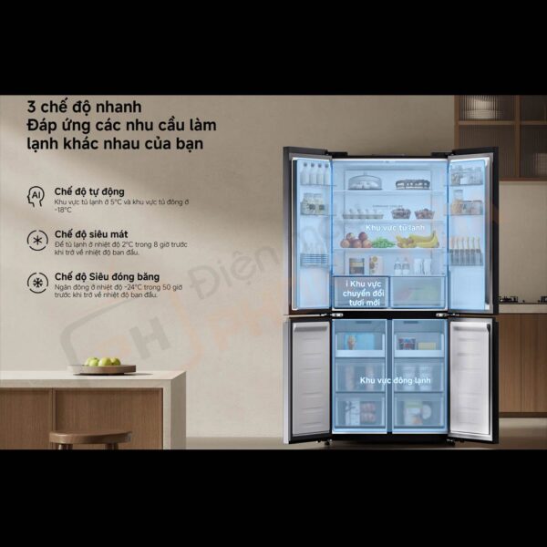 Dung tích 510L rộng rãi, thiết kế 3 ngăn tiện dụng.