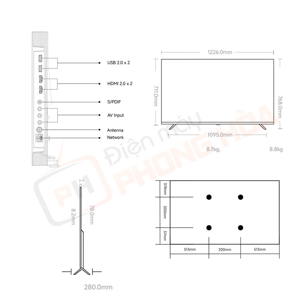 ai x55 55 inch l55rb xt 1 Kích thước sản phẩm
