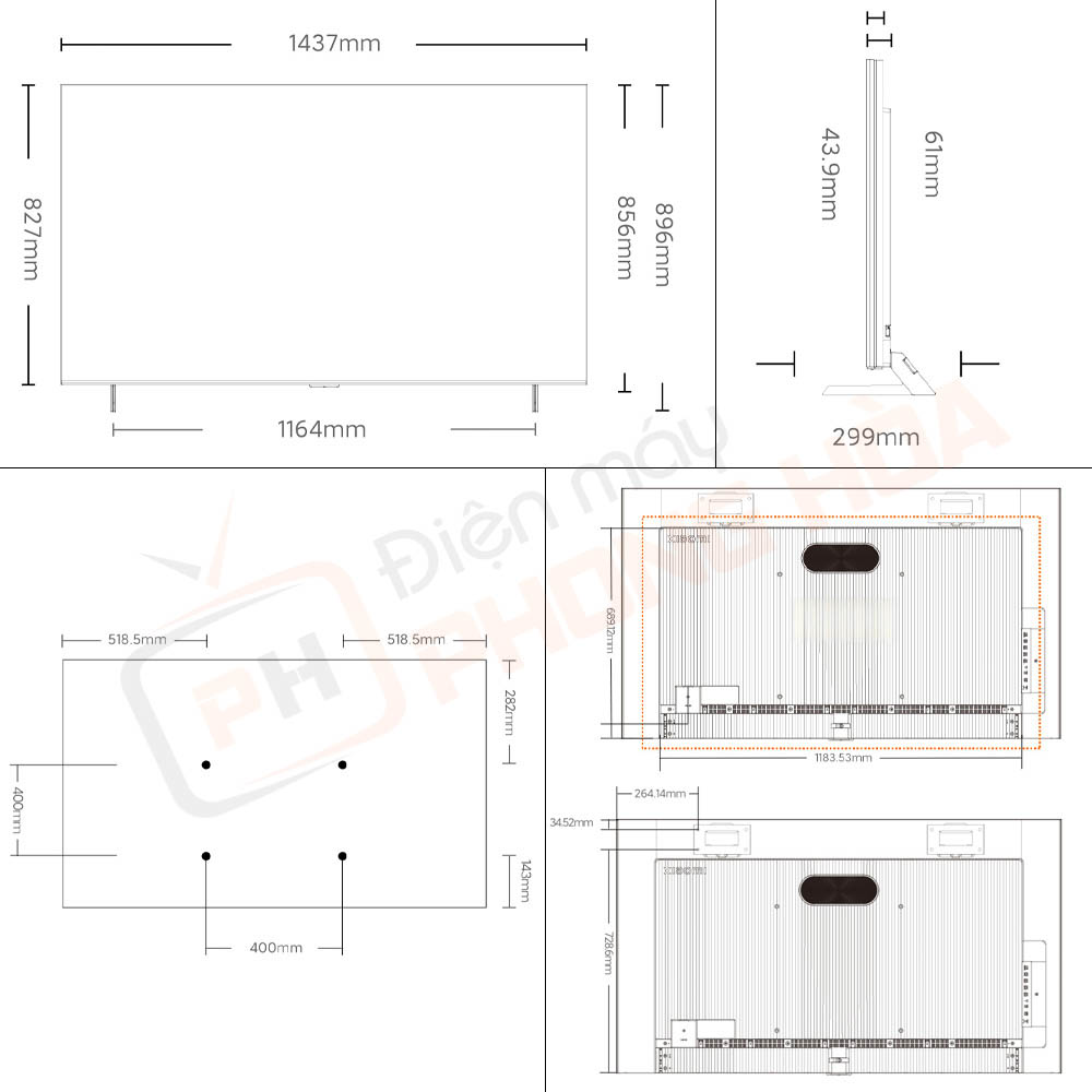 tivi xiaomi s pro 65 mini led 28 Kích thước của Tivi Xiaomi S Pro 65 Mini LED